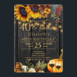 Invitation Rustique automne 40 et fabuleuses années 40e anniv<br><div class="desc">Des tournesols d'automne en or jaune et orange rouillé, des cordes de lumières dorées, deux verres de vin rouge, des raisins, et un citrouille d'aquarelle sur un arrière - plan en bois de grange brun foncé faisant une élégante invitation de fête d'anniversaire chic 40 et fabuleux ans avec une écriture...</div>