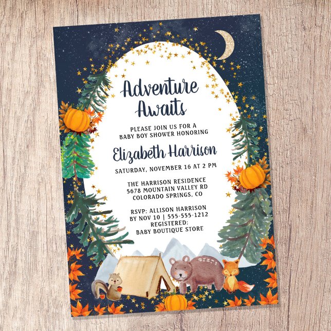 Invitation Rustique Automne Aventure Night Sky Baby shower (Celebrate the upcoming arrival of your sweet little autumn baby with a pumpkin-themed baby shower)