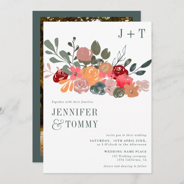 Invitation Rustique automne bordeaux vert mariage photo (Devant / Derrière)