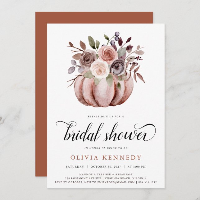 Invitation Rustique Automne Citrouille Fête des mariées rouil (Devant / Derrière)