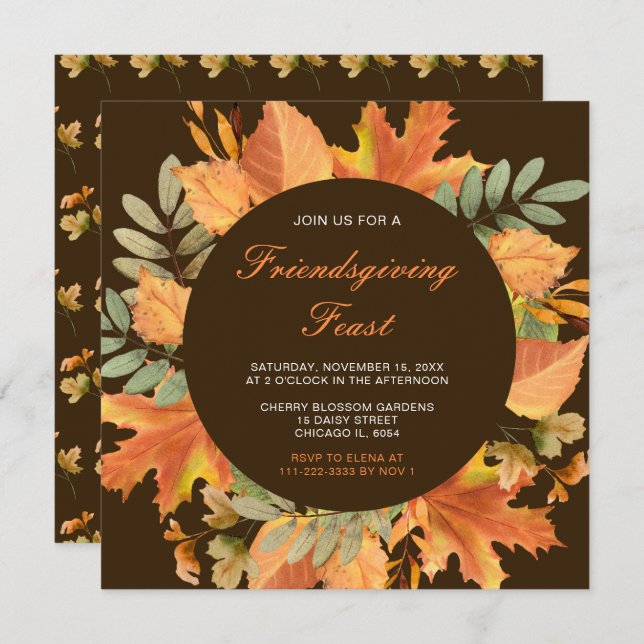 Invitation Rustique Automne Feuilles d'automne Friendsgiving  (Devant / Derrière)