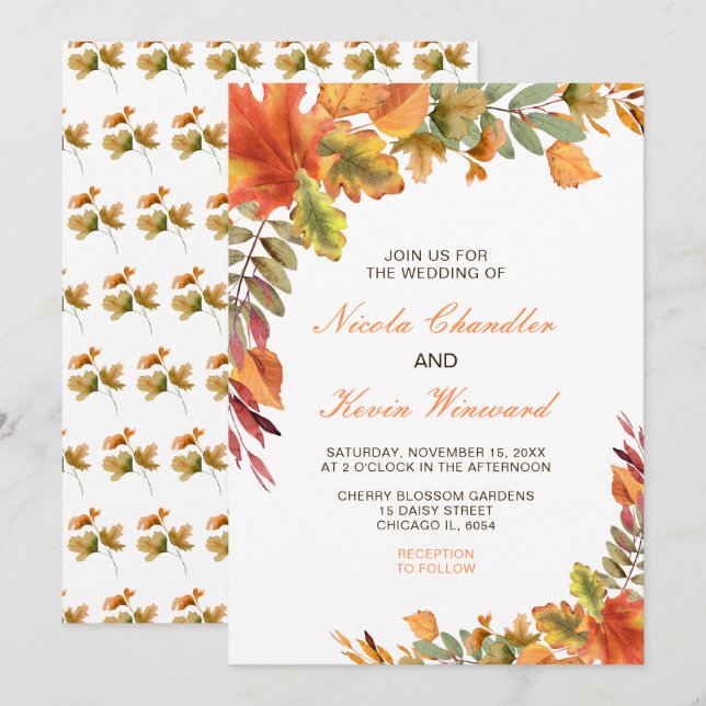 Invitation Rustique Automne Feuilles Mariage (Devant / Derrière)