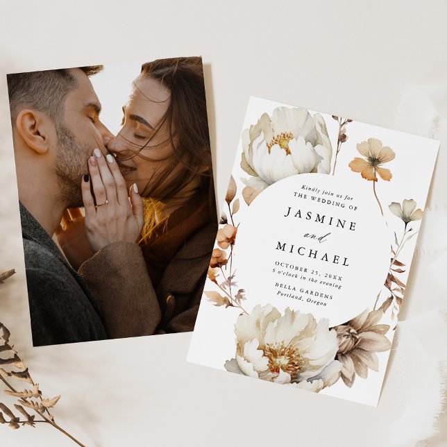 Invitation Rustique Automne Floral Circle Frame Photo Mariage (Créateur téléchargé)