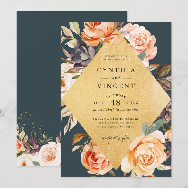 Invitation Rustique Automne Floral Gold Frame Mariage de auto (Devant / Derrière)