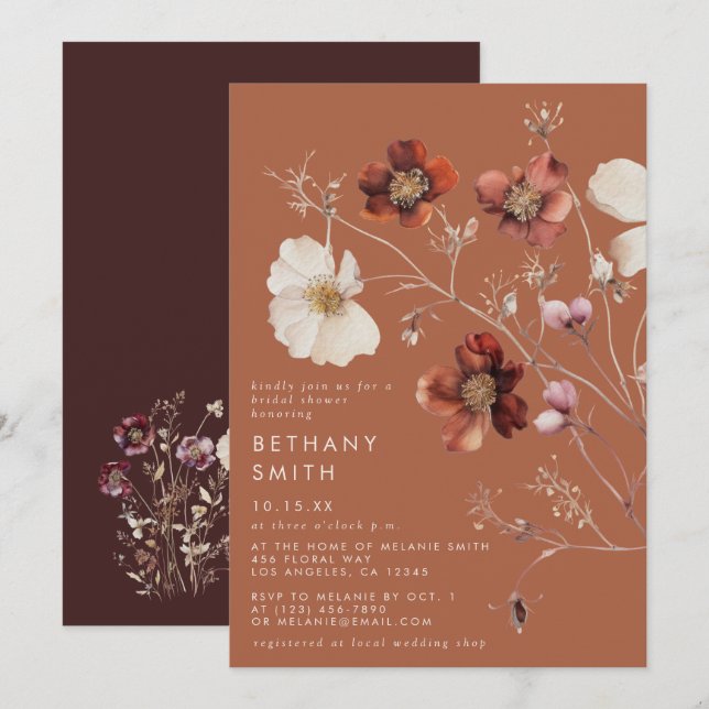 Invitation Rustique Automne Floral Terracotta Fête des mariée (Devant / Derrière)