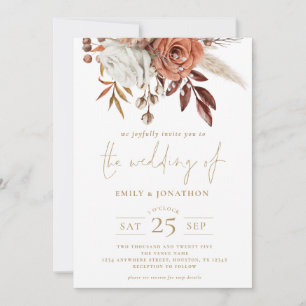 Invitation Rustique Automne Florals Gold Texte QR Mariage