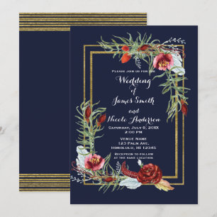 Invitation Rustique Automne Marsala Floral Bleu Nuit Or Maria