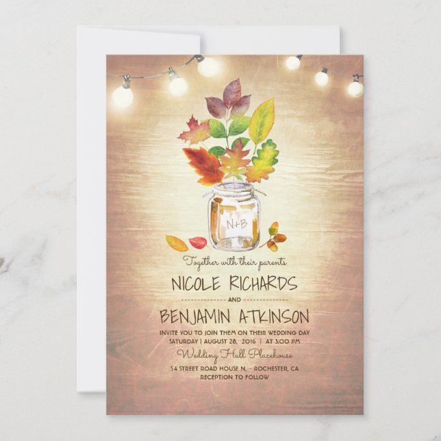 Invitation Rustique Automne Mason Jar et String Mariage (Devant)