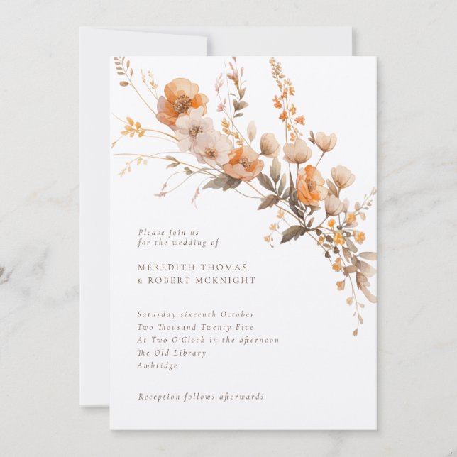 Invitation Rustique Automne Orange & Brown Floral Mariage Kra (Devant)