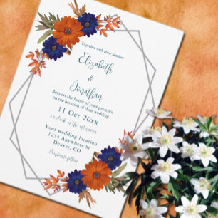 Invitation Rustique Automne Orange Navy Bleu Floral Mariage