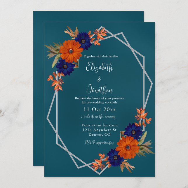 Invitation Rustique Automne Orange Navy Blue Mariage Cocktail (Devant / Derrière)