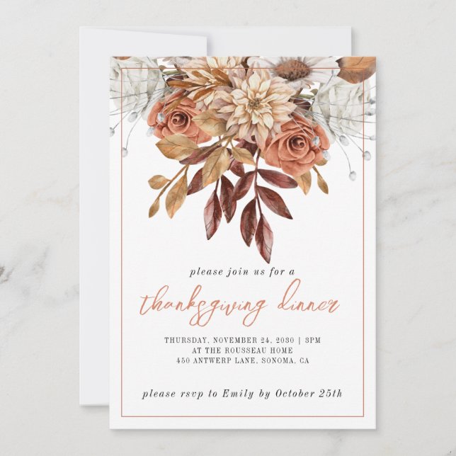 Invitation Rustique Automne Terracotta Bisque Floral Thanksgi (Devant)