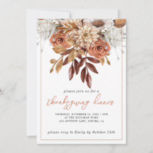 Invitation Rustique Automne Terracotta Bisque Floral Thanksgi