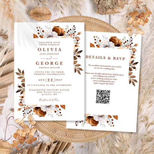 Invitation Rustique Automne Terracotta Floral QR Code Mariage (Rustic Fall Terracotta Floral QR Code Wedding Invitation)