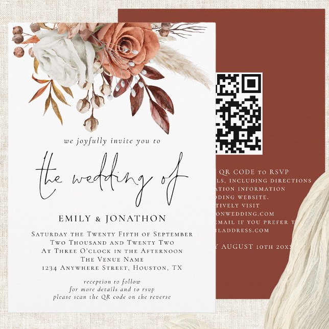 Invitation Rustique Automne Terracotta Florals QR Code Mariag (Square Corner-choose from 6 corner/edge styles & 12 paper types.)