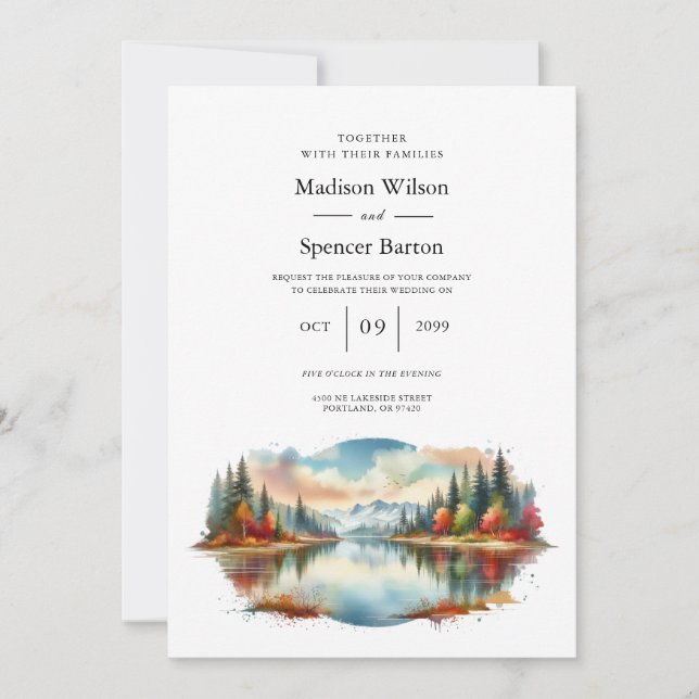 Invitation Rustique Autumn Lakeside Mariage forestier (Devant)