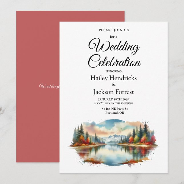 Invitation Rustique Autumn Lakeside Mariage forestier (Devant / Derrière)