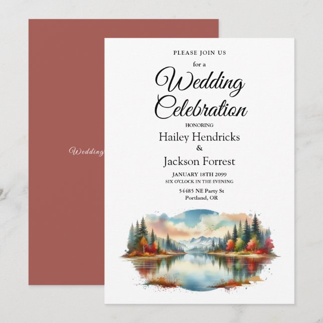 Invitation Rustique Autumn Lakeside Mariage forestier (Devant / Derrière)