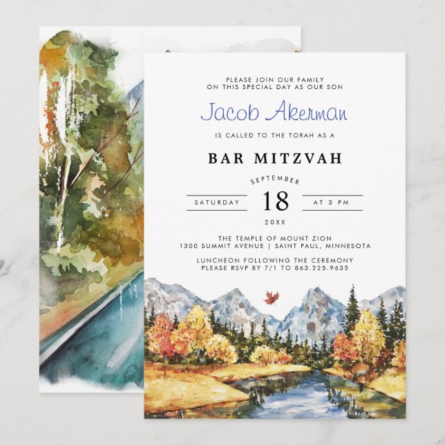 Invitation Rustique Autumn Mountain Bar Mitzvah (Devant / Derrière)