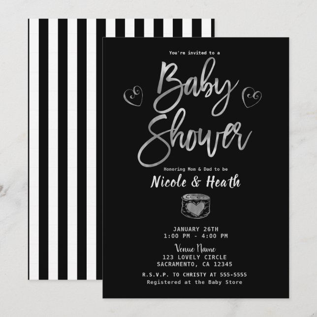 Invitation Rustique Baby Shower Noir Blanc Rayures & Argent (Devant / Derrière)