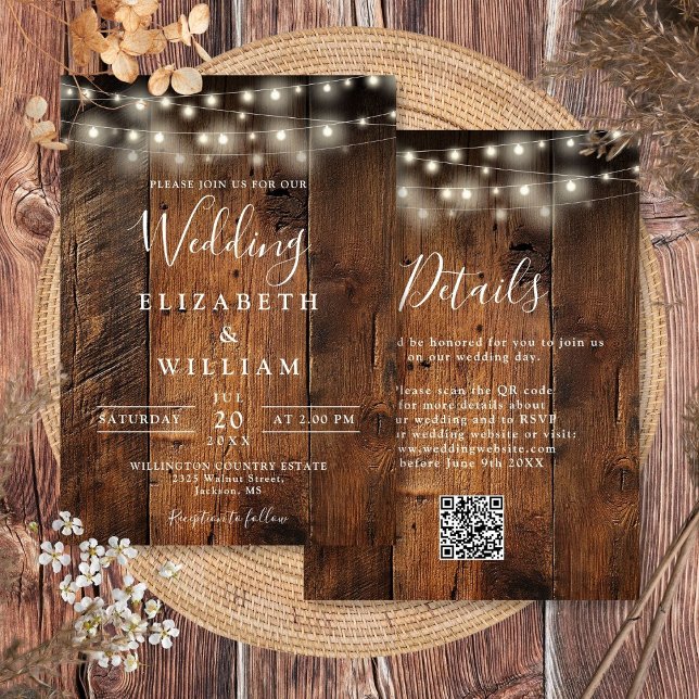 Invitation Rustique Barne Bois Mariage Lumières de chaîne QR  (Rustic Barn Wood Wedding String Lights QR Code Invitation)