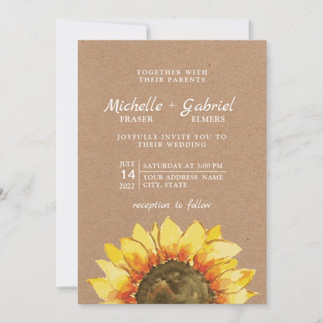 Invitation Rustique beau tournesol Kraft Mariage botanique (Devant)