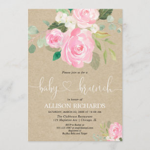 Invitation Rustique bébé brunch fille douche rose floral