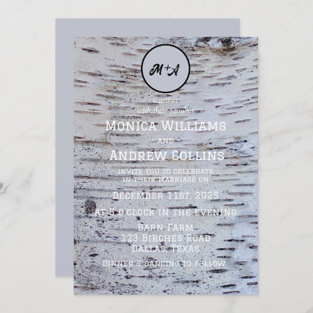 Invitation Rustique Birch Tree Pays Élégant Mariage d'écorce (Devant / Derrière)