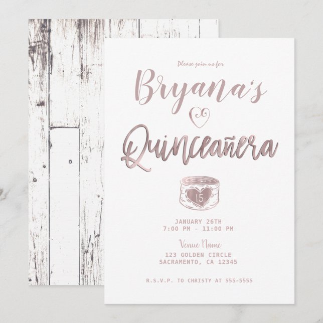 Invitation Rustique Blanc Bois Rose Gold Rose 15 Quinceañera (Devant / Derrière)