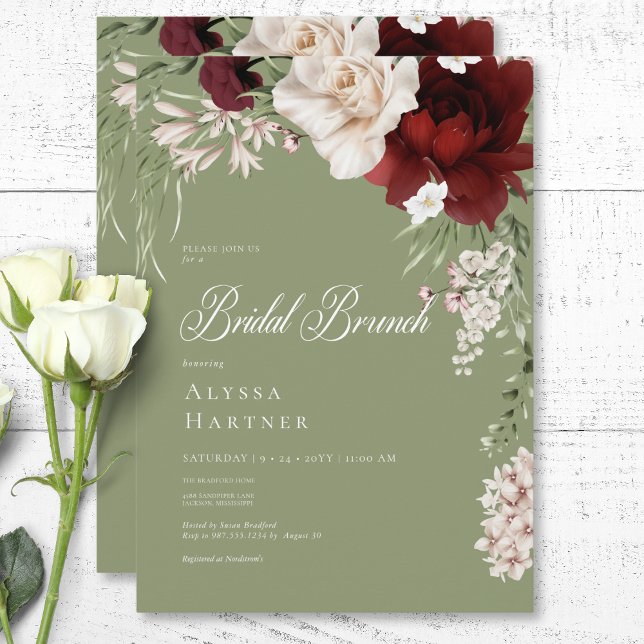 Invitation Rustique Blanc & Bourgogne Floral Vert Bridal Brun (Rustic White & Burgundy Floral Green Bridal Brunch Invitation)
