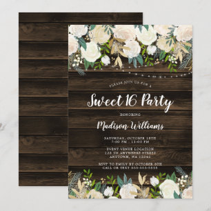 Invitation Rustique Blanc Floral Lights Sweet 16