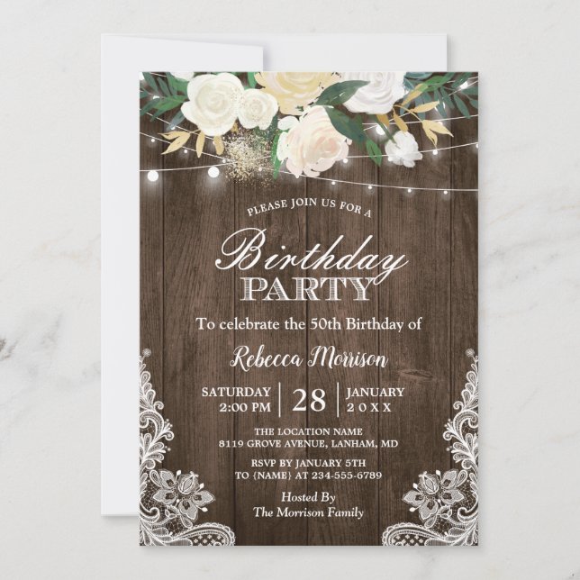 Invitation Rustique Blanc Floral Lumières Fête Anniversaire (Devant)