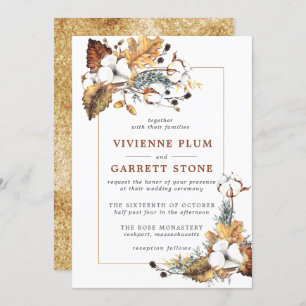 Invitation Rustique Blanc Floral Or Automne Feuilles Mariage