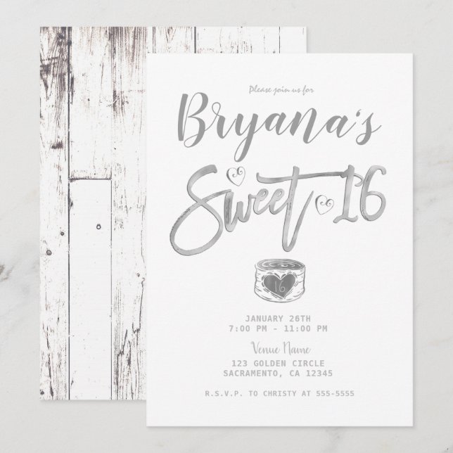 Invitation Rustique Blanc Grange Bois Argent Doux 16 Partie (Devant / Derrière)