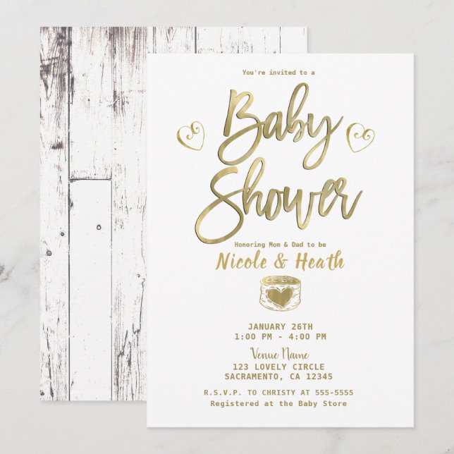 Invitation Rustique Blanc Grange Bois Chic Baby shower Or (Devant / Derrière)