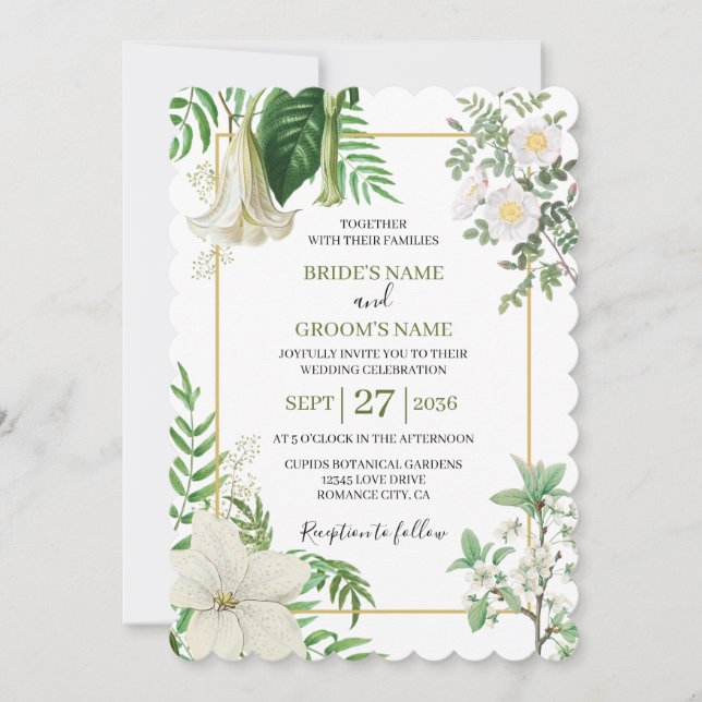 Invitation Rustique blanc vert aquarelle Mariage or Floral (Devant)