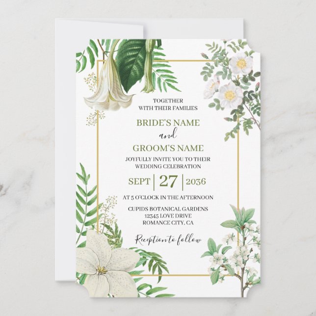 Invitation Rustique blanc vert aquarelle Mariage or Floral (Devant)