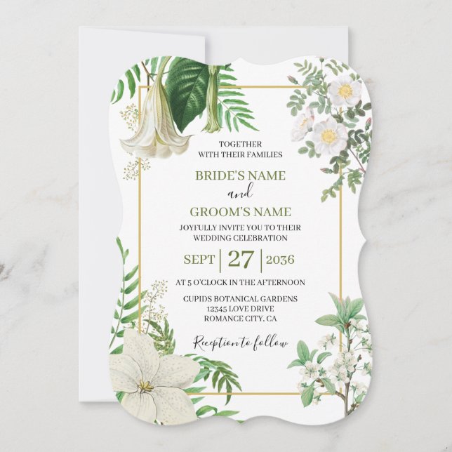 Invitation Rustique blanc vert aquarelle Mariage or Floral (Devant)