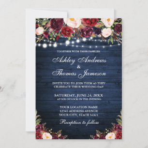 Invitation Rustique Bleu Bois Bourgogne Floral Lumières Maria
