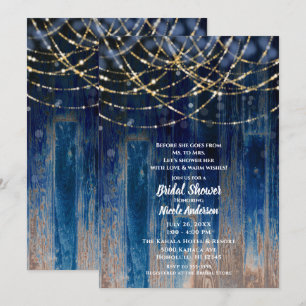 Invitation Rustique Bleu Bois de Grange Côtière Bokeh Fête de