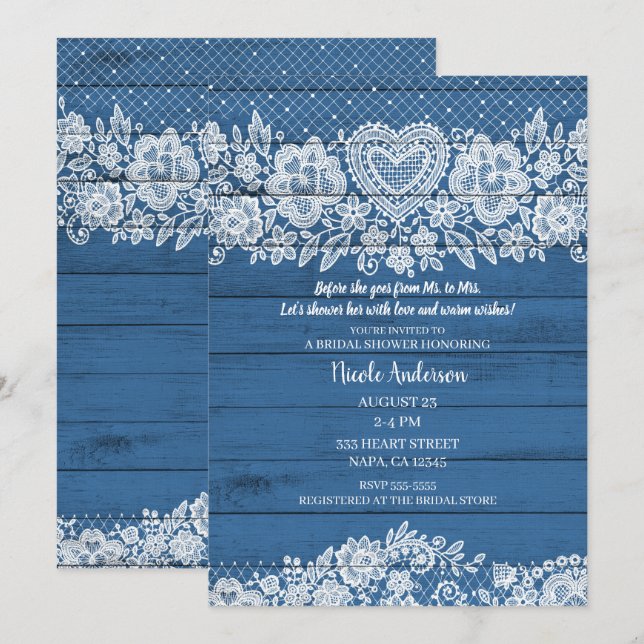 Invitation Rustique Bleu Bois Dentelle Fête de Mariage à la F (Devant / Derrière)