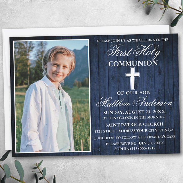 Invitation Rustique Bleu Bois Première Sainte Communion Photo (Customize to change text size, text style or to add more text to back of card.)