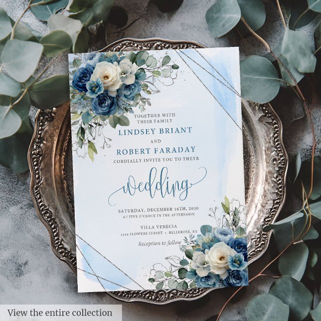 Invitation Rustique Bleu foncé Roses Blanches Mariage Argent  (Rustic Dark Blue White Roses Silver Wedding Invite)