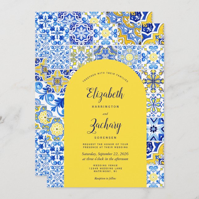 Invitation Rustique Bleu Jaune Arc Portugais Carrelage Mariag (Devant / Derrière)