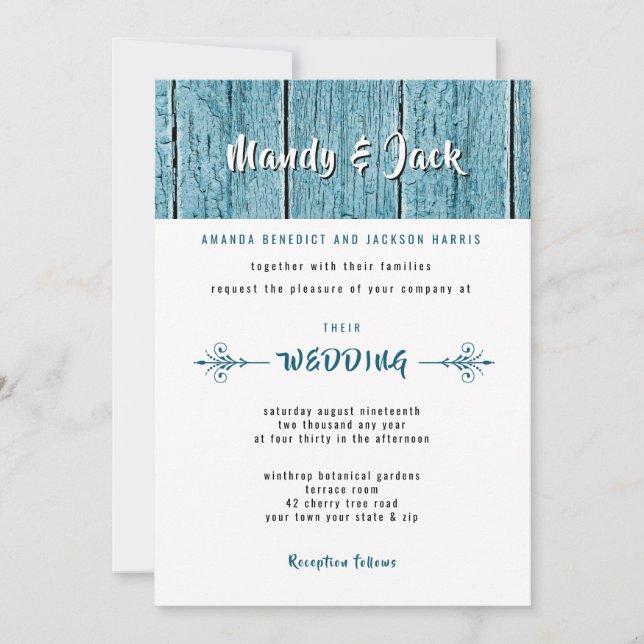 Invitation Rustique Bleu Shiplap Bois élégant Mariage moderne (Devant)