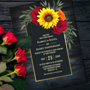 Invitation Rustique Bleu Tournesol Bourgogne Mariage Rose