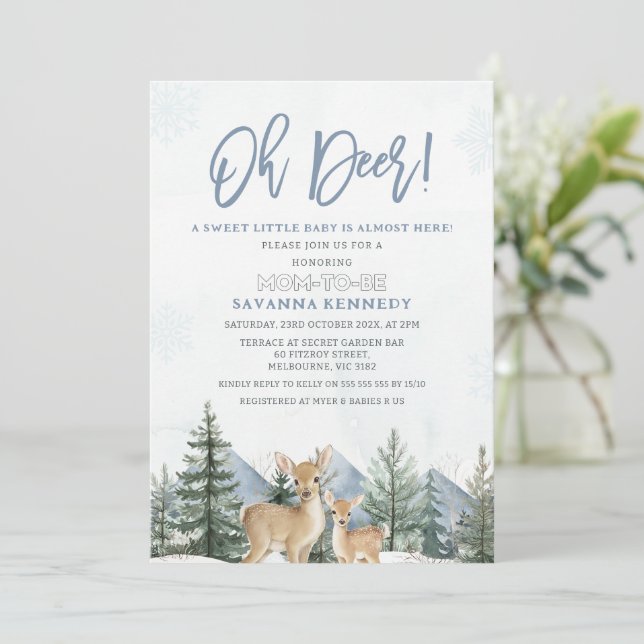 Invitation Rustique Bleu Vert Hiver Oh Cerf Baby Shower (Debout devant)