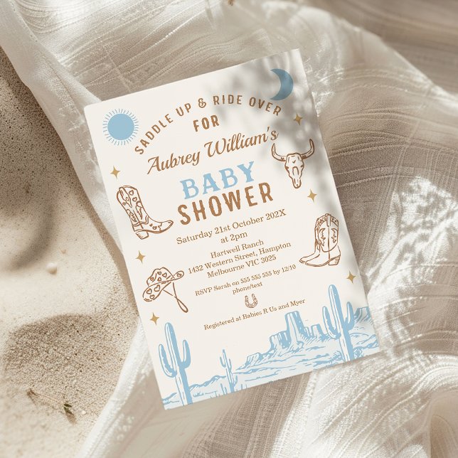 Invitation Rustique Blue Desert Boys Cowboy Baby shower (Boys Cowboy Baby Shower invitation, Blue Brown Western Desert Wild West Southern Country Rodeo )