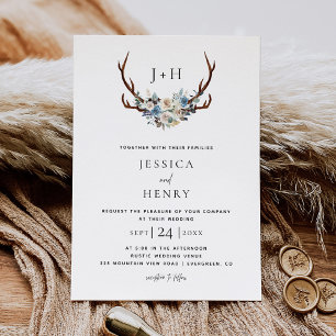 Invitation Rustique Blue Floral Stag Antlers Mariage