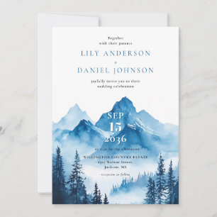 Invitation Rustique Blue Watercolor Mountain QR Code Mariage